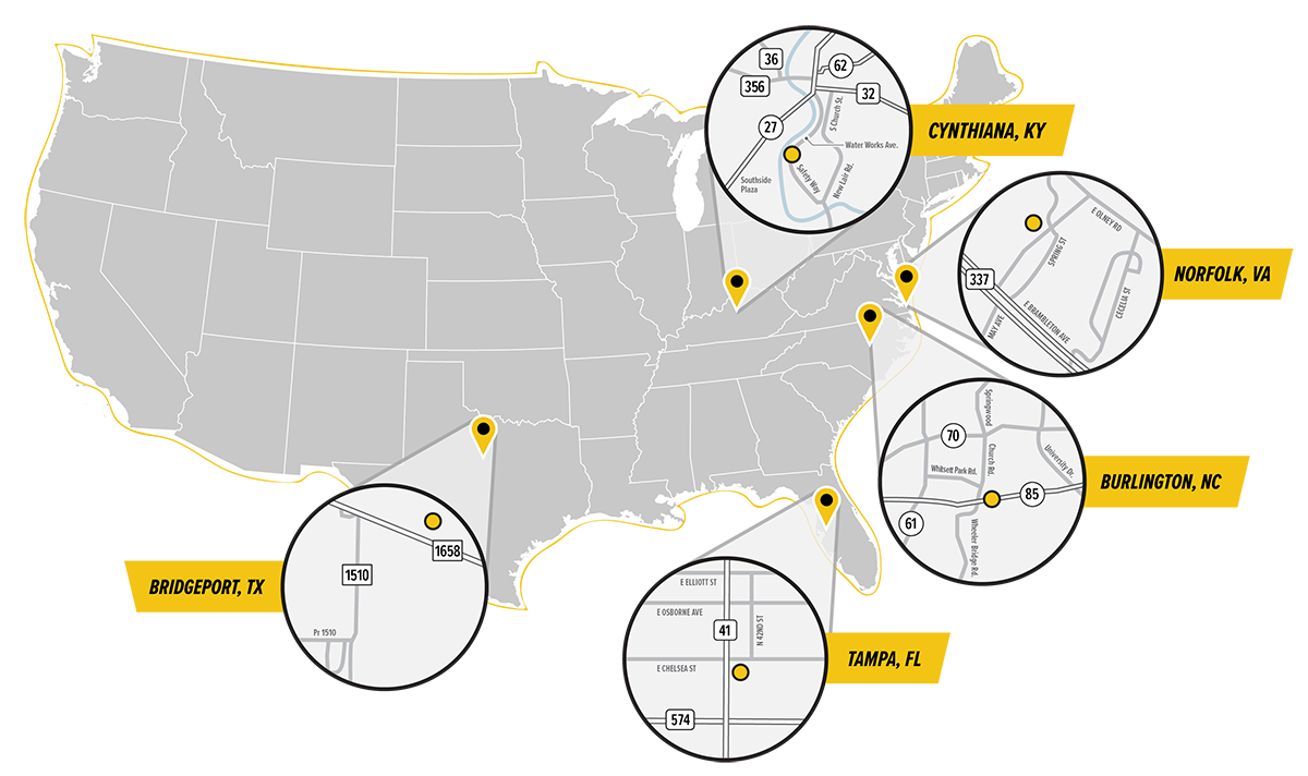 Map of One Source Parts locations: Kentucky, North Carolina, Florida, and Texas